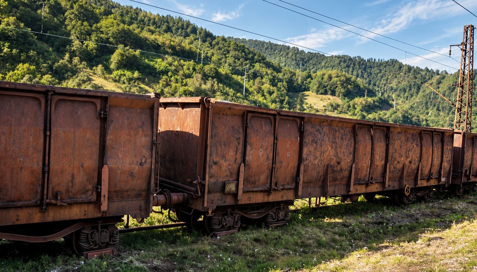 Vagão de minério em ferrovia cercada por mata