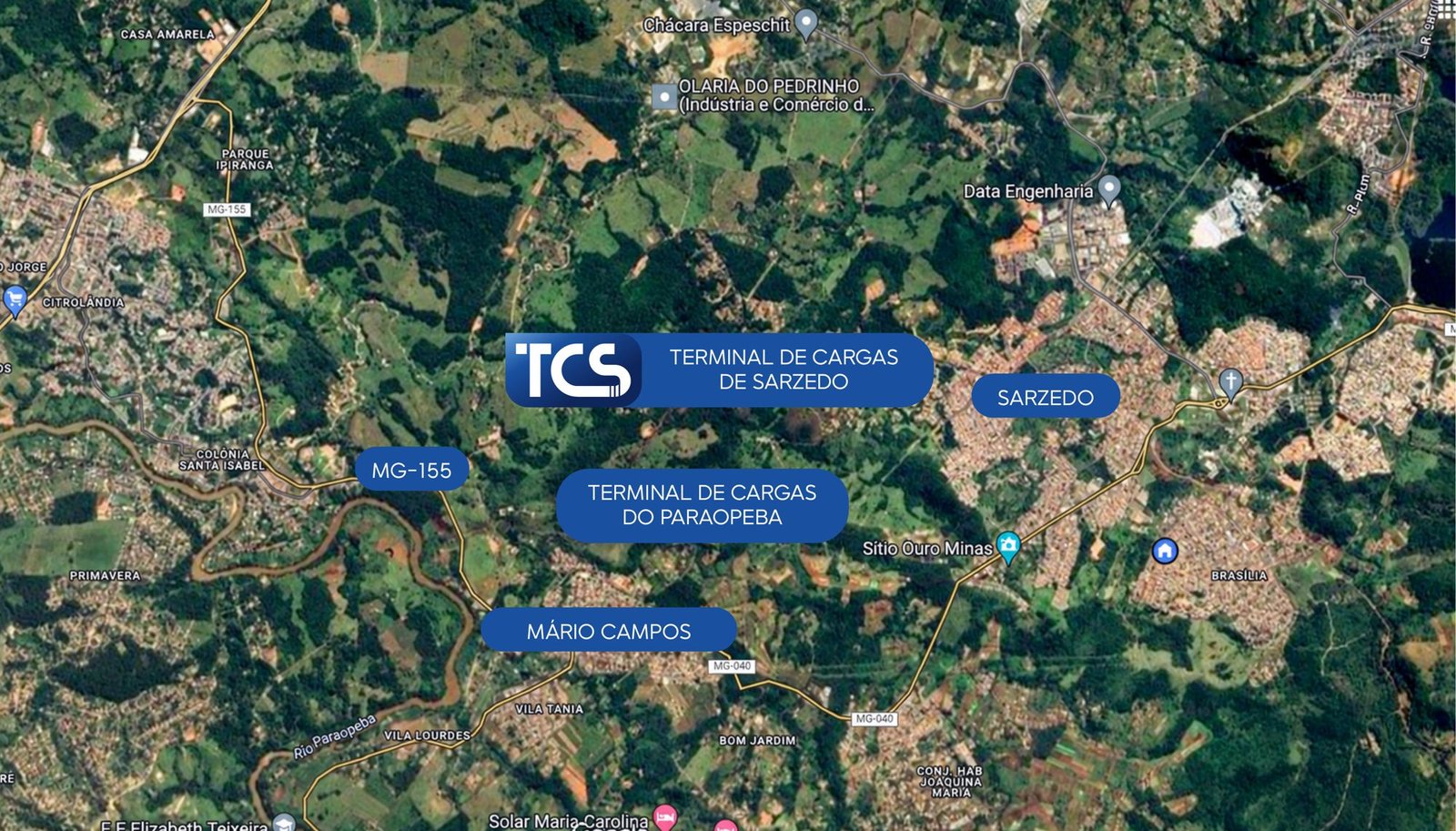 Mapa de satélite com a localização do Terminal de Cargas de Sarzedo, do futuro Terminal de Cargas do Paraopeba, da MG-155, de Sarzedo e de Mário Campos