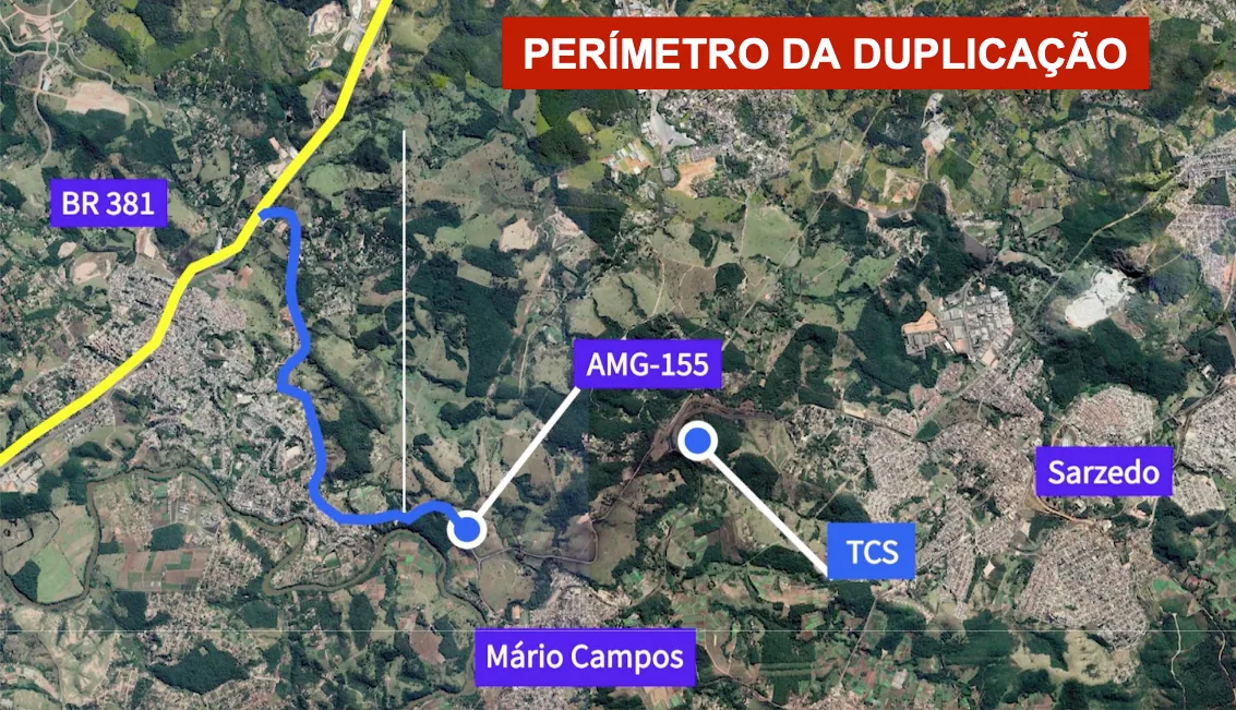 Mapa com o perímetro do trecho da AMG-155 contemplado pela duplicação