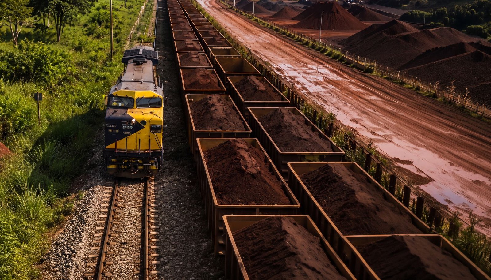 Locomotiva puxando vagões carregados de minério ao lado das pilhas do pátio