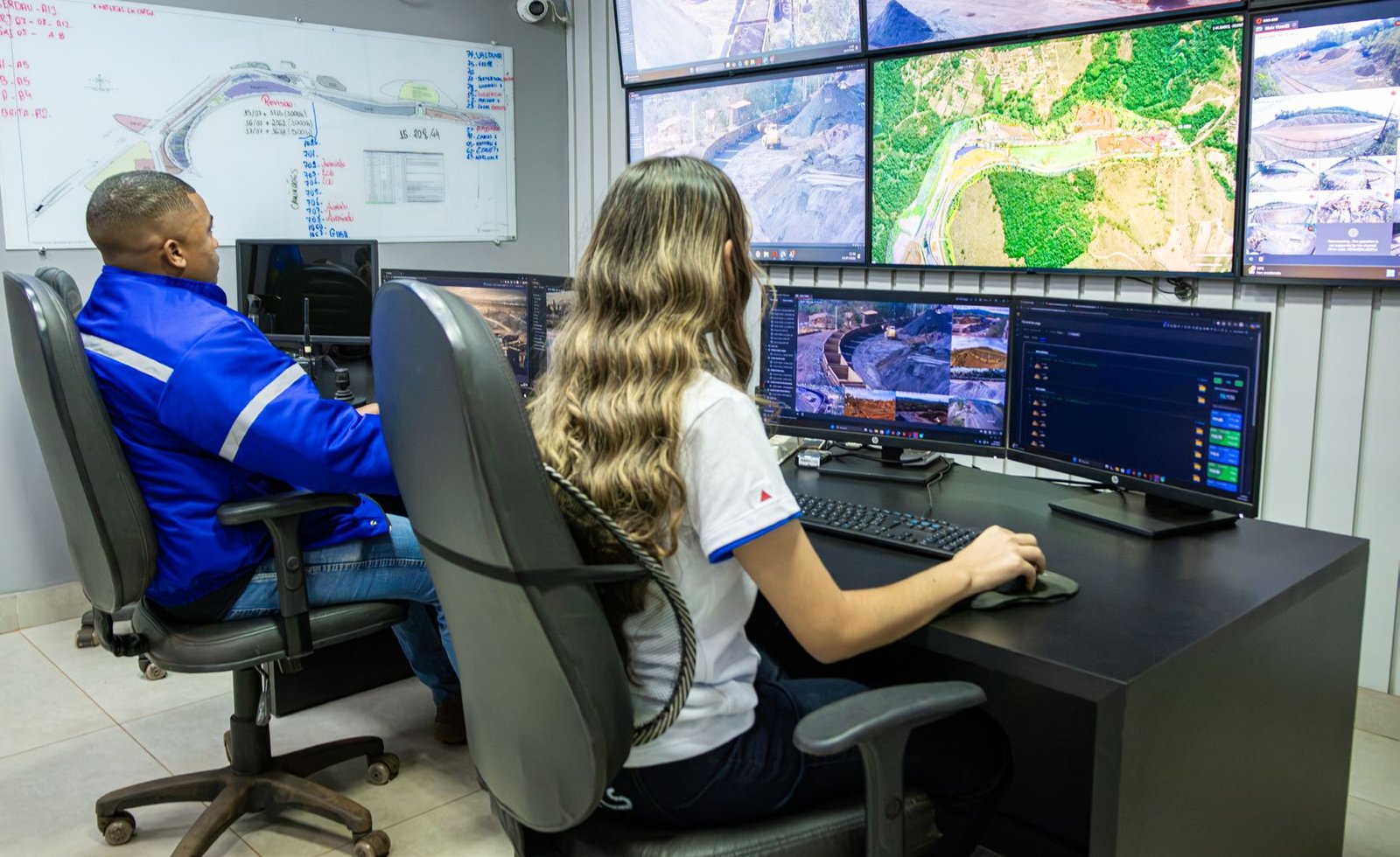 Operadores na sala de operações do TCS acompanhando monitores com imagens e indicadores do pátio