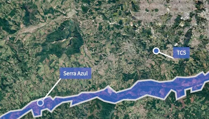 Mapa regional com a posição do TCS, do TCP e das minas da Serra Azul