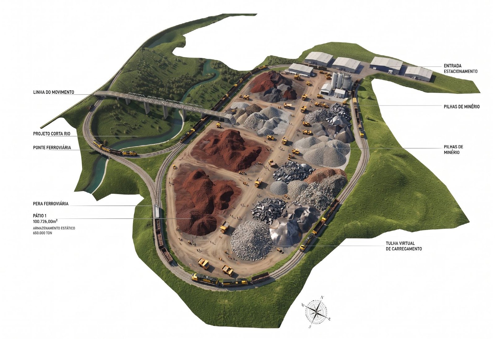 Layout conceitual do Terminal de Cargas do Paraopeba com pátio, pêras ferroviárias e acessos