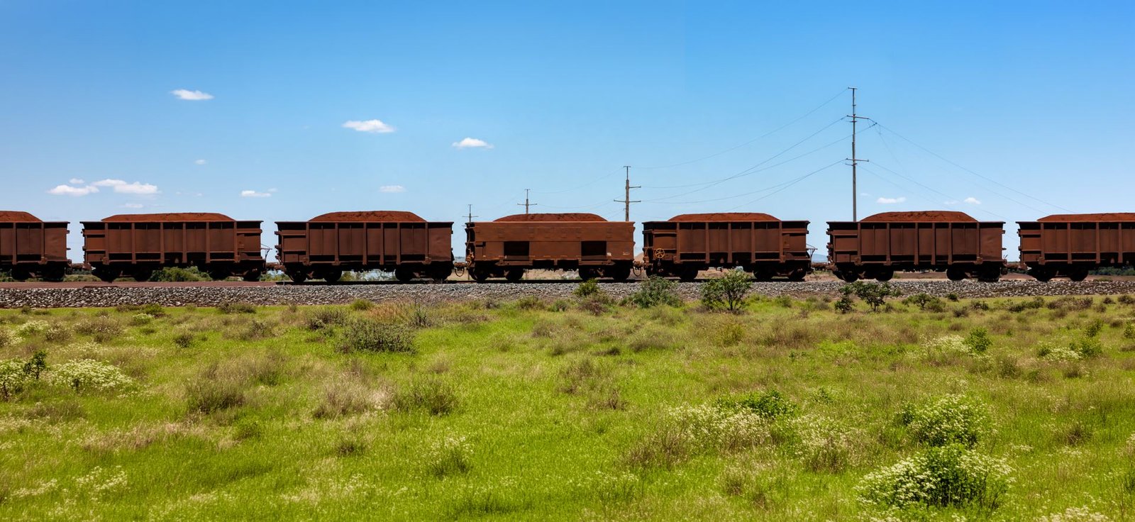 Composição ferroviária carregada atravessando campo verde
